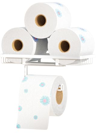 Porte Rouleau Papier Toilette Mural Adhesif avec Étagère, Blanc | Porte Papier Toilette pour 4 Rouleaux de réserve, Rangement pour papier toilette, Support papier toilette Mural sans percage