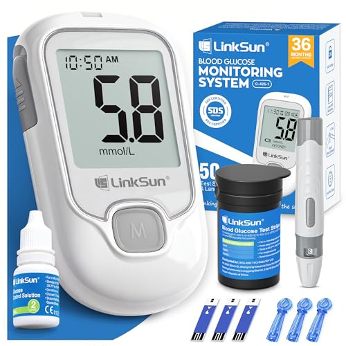 LinkSun Blutzuckermessgerät Set, 50 Teststreifen & Lanzetten, G-425-1 | Blutzuckermessgerät Set mit Teststreifen, Stechhilfe, Kontrolllösung, Codierungsfrei, Automatische Zeit/Datum, in mmol/L