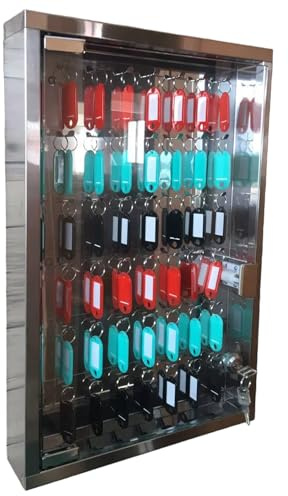 Abschließbarer Schlüsselschrank mit Tür aus gehärtetem Glas, Schlüsselkasten aus Edelstahl für 45 Schlüssel, Schlüsselaufbewahrung mit bunten Etiketten, 6 x 30 x 45 cm