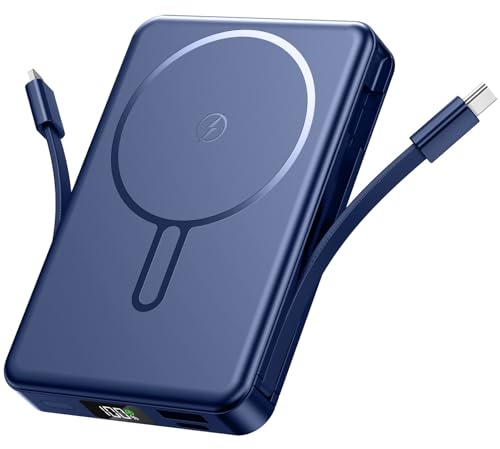 PDBEST Magnetic Power Bank with Built in Cables, 10000mAh Portable Charger Fast Charging, 22.5 W Wireless Charger with LED Display, Compatible with iPhone 17/16/15/14/13/12, Android Blue