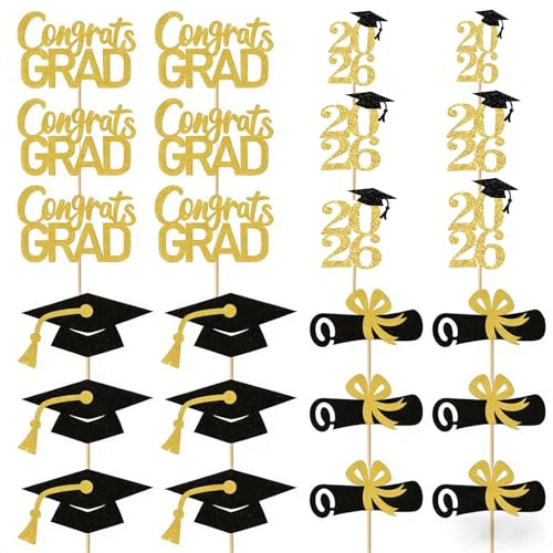 24 Stück Graduation Cupcake Toppers,Glitzer 2026 Graduation Cupcake Toppers,Graduation Cake Topper,für Kuchen Desserts Abschlussfeiern Aller Stufen Graduation Abschlussparty Dekoration(Dold)