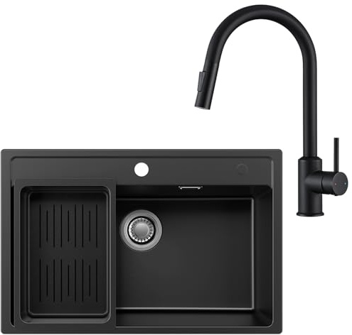 ANYCEE 70 x 46 cm Lavello Granito Nero con Arco Rubinetto Cucina Estraibile | Grande Lavandino Cucina 1 Vasca Nero, con Cestello di Scarico, per Mobile da 70 cm, da Incasso o Appoggio