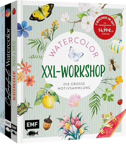 Der Watercolor-XXL-Workshop – Die große Motivsammlung: Drei Bücher im Bundle: 60 farbenfrohe Motive Schritt für Schritt erklärt – Mit allen wichtigen ... Farbmischtafeln und Aquarellpapierbogen