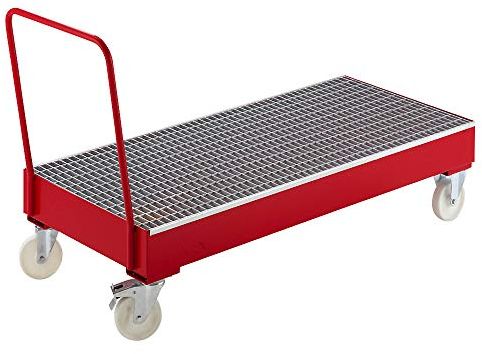 Fahrbare Stahl-Auffangwannen, für 200-l-Fässer, 3 x stehend, rot RAL 3000.