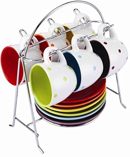 Set of 6 Coloured Spotty Espresso Coffee Tea Cups & Saucers with Chrome Stand