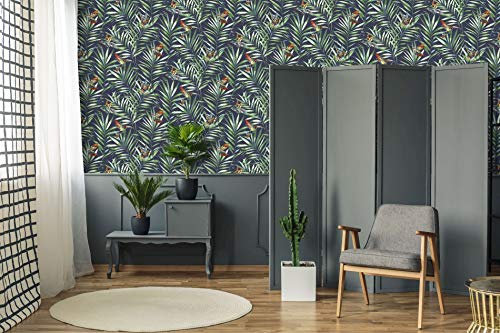 Fresco Hummingbird Navy Tropical Floral Wallpaper | Navy Floral Wallcovering | Eco-Friendly Wallpaper
