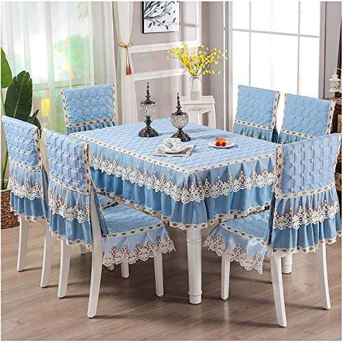 Gangkun Nordic Plaid Tischdecke/Stuhlbezug/Slip Home Couchtisch Tischdecke/Stuhlbezug Stuhlkissen Set-Blau_6 Stuhlkissen + 6 Rückenlehnen