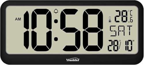 Youshiko Jumbo LCD Radio Controlled Silent Wall Clock & Desk Clock (UK & Ireland Version/Premium Quality/Clear Display), (37.5 x 16.5 x 2.5 cm)