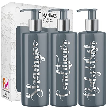 Print Maniacs 3 Set Mrs Hinch Inspired Grey Personalised 500ml Dispenser Pump Bottles Shampoo Conditioner Body Wash (Silver)