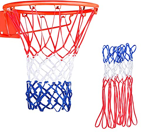 Jinlaili 2 Stück Basketball Ersatznetz, 12 Loch Standard Größe Basketballnetz, Professionelle Basketballkorb Netz Wetterfest, Alle Wetter Dauerhafte Netz für Basketballkorb Im Freien,Rot Weiß Blau