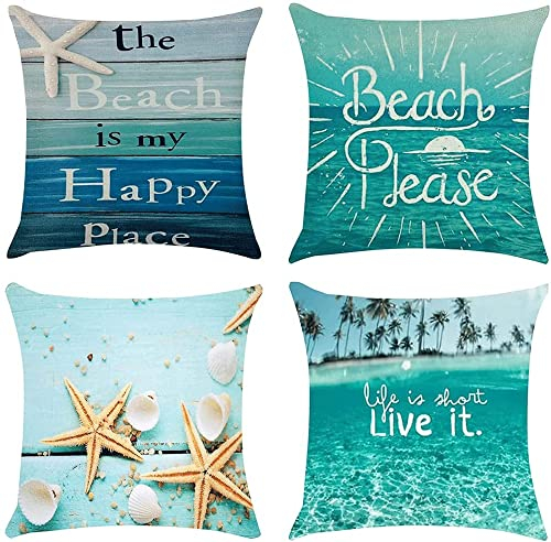 jutshow Summer Blue Ocean Thema 45,7 x 45,7 cm Dekorative Kissenbezüge Blau Holzmaserung Marine Outdoor Bank Kissenbezug Set von 4 Stück Sommer Home Decor Kissenbezug