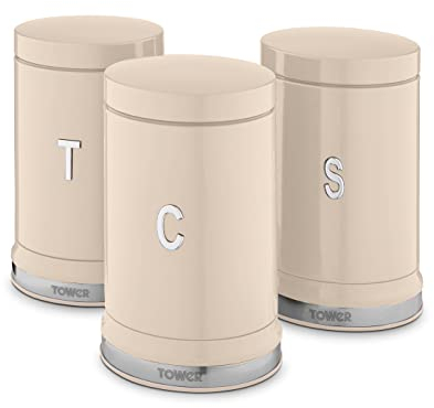 Tower T826171CHA Belle Set of 3 Canisters, Tea/Coffee/Sugar Storage, Chantilly Cream