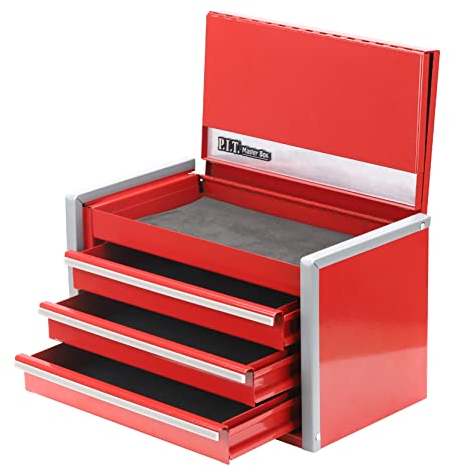 P.I.T. Mini-Werkzeugkasten, tragbar, 3 Schubladen, Stahl, mit magnetischer Verriegelung, rote Mikro-Top-Truhe mit Einsatz für Werkzeugaufbewahrung, Heimwerker