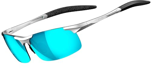 ATTCL Herren Polarisierte Treiber Glasses Sport Sonnenbrille Al-Mg Metallrahme Ultra leicht verspiegelt sonnenbrillen 8177 Silber Blau