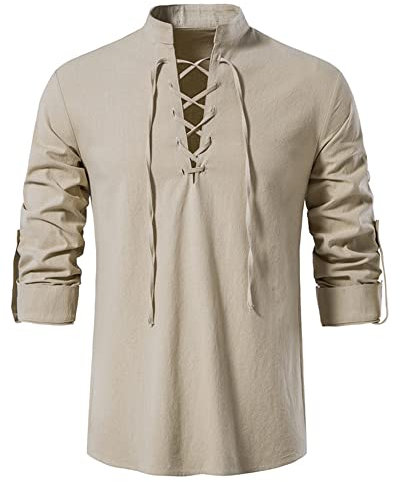 YAOHUOLE Mens Fashion Shirt Long Sleeve Mandarin Collar Laca Up V Neck Tops Khaki 2XL
