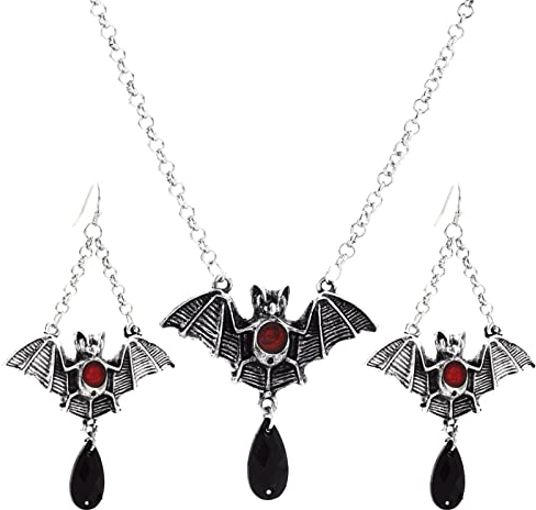 Schrank Schmuck Halloween Fledermaus Halskette Ohrringe für Frauen Halloween Horror Schwarz Rot Anhänger Halskette Ohrringe Lustige Halskette Ohrringe Set für Frauen Schmucktruhe (Black-d, One Size)