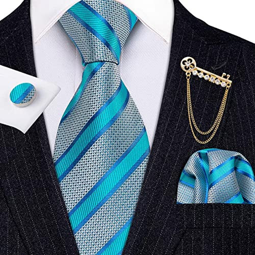 GEDASHU Cravate pour homme - Tendance - Rayures bleues - Pour homme - Doré - Broches en soie - Mouchoir - Cravate pour homme - Cadeau d'affaires