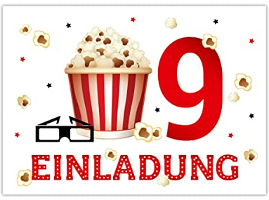 12 Einladungskarten zum 9. Kindergeburtstag Kino neunte Geburtstag Mädchen Jungen Kino-Party Cinema