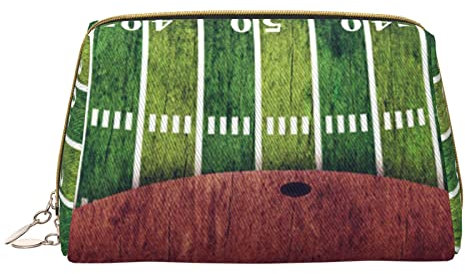 ASEELO American Football Field And Ball bedruckte große Kosmetiktasche aus Leder mit Reißverschluss, tragbare Kulturtasche, American Football Field and Ball, Einheitsgröße