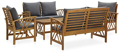 Hommdiy 5tlg. Garten-Lounge-Set Akazienholz Massiv Gartenmöbel Lounge Bank Stuhl Tisch Gartenset Sitzmöbel Sitzgruppe Gartenbank Beistelltisch Gartengarnitur, Mit Kissen Grau