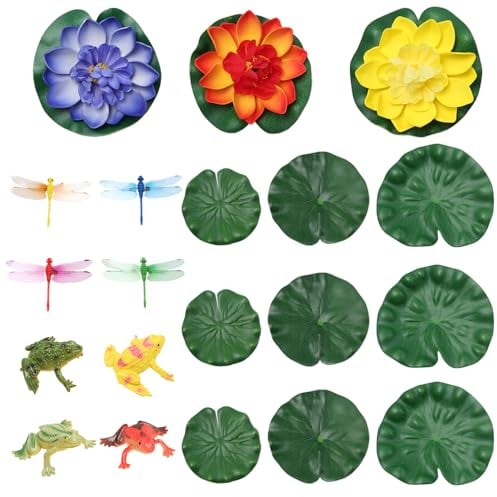 Sixfolo 20 Stück Teich Dekoration Set,Künstliche Seerosen Schwimmende Blumen,Wasserlilie Pflanzen und Künstliche Lotusblätter mit Libelle Frosch für Aquarium Terrasse Garten Pool Garten