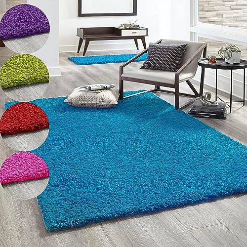 VIMODA Hochflor Teppich Prime Shaggy Langflor Wohnzimmer Schlafzimmer Rund Farbig, Farbe:Turkis, Maße:Ø 200 cm Rund