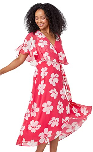 Roman Frill Dress for Women UK Ladies Summer Wrap Chiffon Frill Hem Layered Belted Midi Maxi Tiered Cape Special Occasion Fit & Flare Wedding Guest Swing Skater - Coral - Size 14
