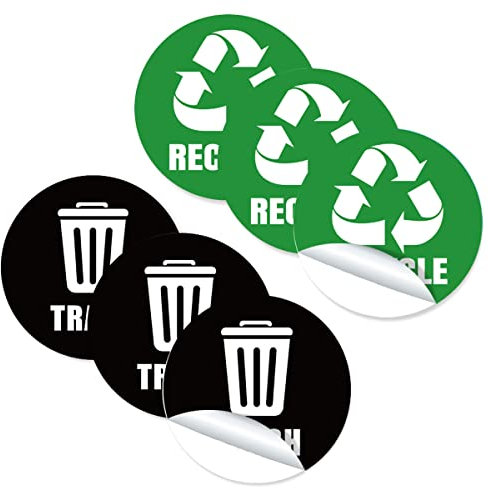Hsthe Sea Self Adhesive PVC Recycling Stickers for Bins - Perfect Bin Sticker For Refuse Can - 6 Pack - 5 by 5 - Ideal Bin Signs for use in Home or Office - Green for Recycle, Black for Trash