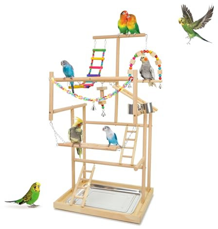 HPWAHOMEPART Vogel-Spielständer für Papageien, Spielplatz, Holz, Sitzstange, 4 Leitern, Spielstudio mit Übungsspielzeug, Schaukeln, Futterbecher, für Kakadus, Lovebirds Playgym, Sittiche, Käfigzubehör