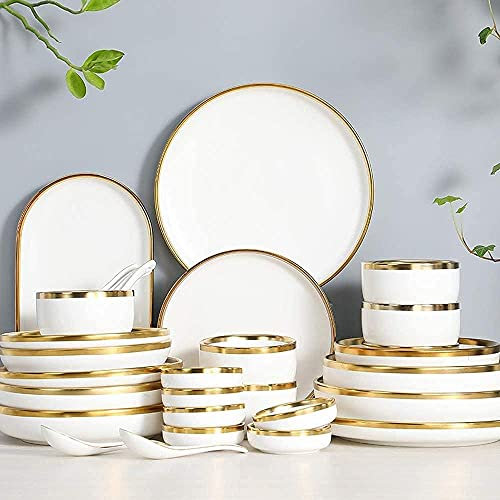 UYSELA Speiseteller-Set,stilvolles Tafelservice für Luxus-Restaurants und zu Hause,Geschirr-Sets,Service für 2/4/6 Küchen-Teller und Schüsseln,weißes Luxus-Bone-China-Geschirr,nordisches Gold-Porze
