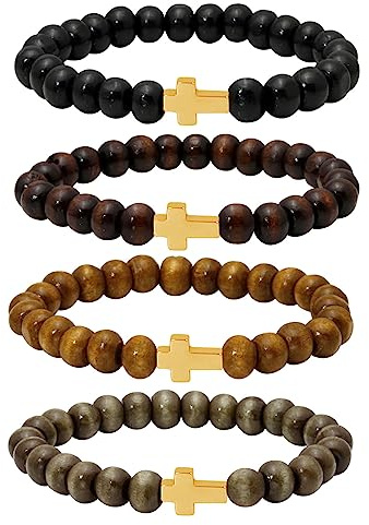 Eigso 4 Pcs 8MM Holzperlen Armbänder für Frauen Männer Hämatit Gold Kreuz Meditation Armband Gruppe für Frau Mann