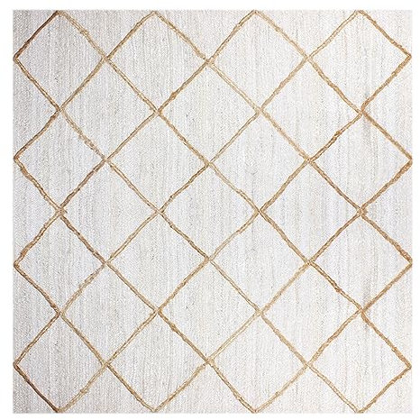Kelim Teppich, quadratisch, 152 cm, Weiß & Beige, natürlicher Jute-Teppich, dick, 0,7 cm, geometrisches Muster, handgeflochten, Jute, Flachgewebe, Teppiche für den Innen- und Außenbereich, Teppiche