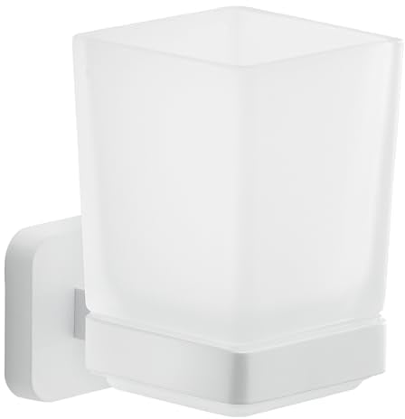 GEDY | Porta Spazzolino Tonga, Bicchiere Porta Spazzolino in Acciaio Inox, Cromall e Vetro Satinato, Fissaggio con Viti Incluse o Biadesivo, Bianco Matt, 6,4x9,7x10,5cm