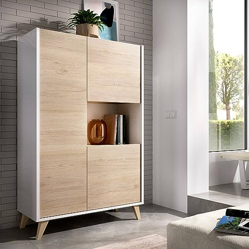 Dmora - Buffet Boario, Buffet de Salon Haut, Buffet de Salon Moderne avec 3 Portes, 81x43h135 cm, Chêne et Blanc