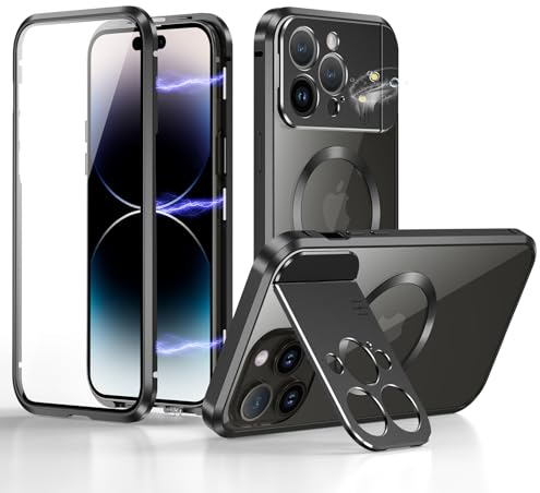 ksscaly Case for iPhone 14 Pro Max with Camera Invisible Stand [Compatible with MagSafe] 360 Degree Protection Magnetic Absorption Metal Bumper Front Glass and Back PC Cover (Black)