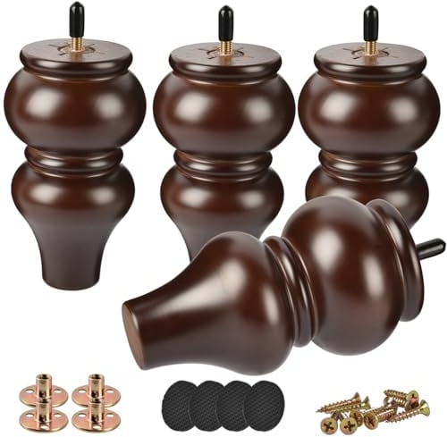 Btowin 6 Inch / 15cm Solid Wood Furniture Legs,4Pcs Couch Legs Wooden Bun Feet Sofa Feet with Threaded M8 Hanger Bolts &Mounting Plate &Screws for Sofa Cabinet Ottoman Armchair,Walnut