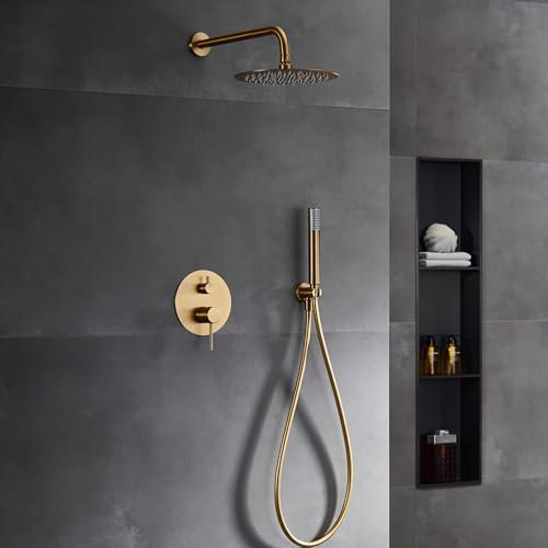 IMEX - Ducha Empotrada Monomando Dorada | Kit de Grifería Empotrado con Alcachofa y Rociador Antical Efecto Lluvia | Columna Ducha Empotrada con Grifo en Latón y Acero Inox S.304 | Serie Monza