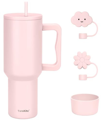 40 oz Insulated Tumbler with Handle and lid, Vacuum Double Walled Stainless Steel Travel Mug, Fits for car Cup Holder, Leak Proof, Keep Beverages Cold for 30 Hours (Light Pink + 2 Straw Covers)