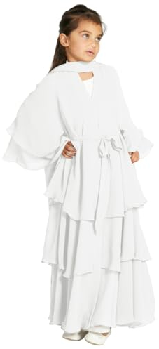 IBTOM CASTLE Muslimisches Kleid für Kinder Mädchen Chiffonkleid Strickjacke Abaya Hijab Kleid mit Gürtel Dubai Elegantes Kleid Islamisches Gebet Party Zeremonie Geschenk Weiß 9-10 Jahre