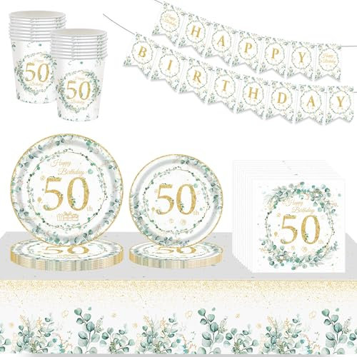 70P Sage Green 50th Birthday Tableware Set,Eucalyptus Green Happy Birthday Banner with Paper Cups Napkins Plates (7in+9in) and Table Cloth,Green Gold Paper Dinnerware Kit for Her 50th Birthday Décor