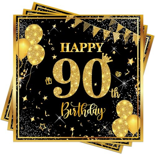 Wentsent 90th Birthday Napkins, 40pcs Black Gold Happy 90th Birthday Party Napkins Table Decoration for Women Men, 90th Table Napkins for Him Her