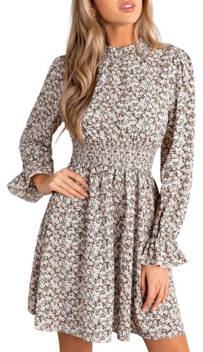 CUPSHE Women's Mock Neck Floral Mini Fall Dress Long Ruffle Sleeve Elastic Waist Smocked Casual Flowying Autumn Dresses, Disty, S