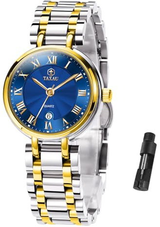 Taxau Ladies' Watches Stainless Steel Gold Blue Watch Waterproof Wrist Watches for Women Fashion Dress Watches with Date Elegant Dress Watch