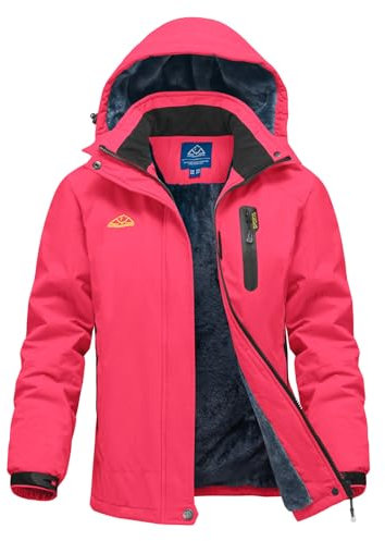 donhobo Damen Skijacke Winter Fleecejacke Wasserdichte Winddichte Warme Fleece Gefütterte Funktions Outdoor Wanderjacke Softshell Jacke mit Abnehmbarer Kapuze, Rose, XL