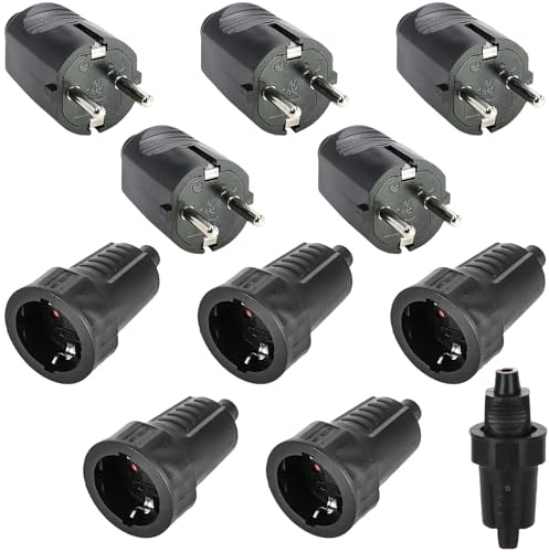 5 Paar Schuko Stecker Kupplung: 250V 16A IP54 Schutzkontakt Stecker, 2-Polig Gummistecker Kupplung Set mit Knickschutz, Aussen Wasserdicht Schukostecker Geeignet für Außenbereich, Schwarz