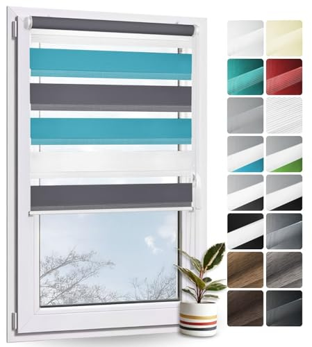 Rollmayer Doppelrollo Klemmfix ohne Bohren Weiß Grau Blau B105 x H130cm | Klemmrollo Fensterrollo Duo Rollo Sonnenschutzrollo Zebrarollo Seitenzugrollo für Fenster und Tür
