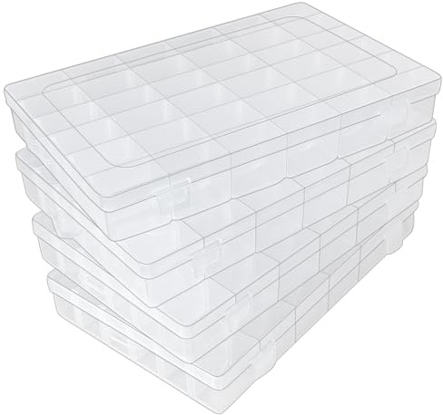 Guyuyii 4 Pack 36-Grid Clear Plastic Organizer Box with Adjustable Dividers | BPA-Free Storage Container for Earrings, Jewelry & Fishing Lures | Durable Case for Screws & Small Hardware (No Handle)