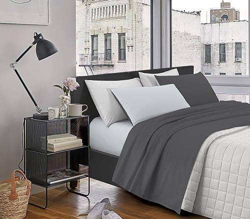 Il Gruppone Passione Casa Completo Letto in Morbido Cotone di Flanella Antipilling Lenzuolo sopra sotto Federe Bicolore - Grigiochiaro-Grigioscuro - Matrimoniale