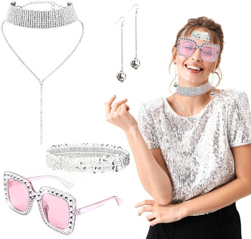 NAMIS 5STK Disco Accessoires, 70er Jahre Outfit Damen Disco Glitzer Accessoires Pailletten Sonnenbrille Haarband Ohrringe Halskett Glitzer Kostüm Zubehör für Fasching Party Karneval