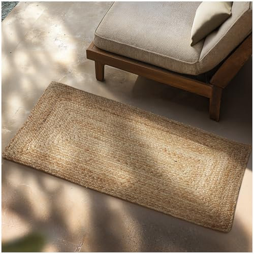 tectake® Teppich aus Jute, handgewebte Boho Deko, Pflegeleichte Teppiche für Wohnzimmer Deko modern, im Schlafzimmer, für Badezimmer, im Kinderzimmer, als Küchenteppich oder Läufer - 60 x 110 cm